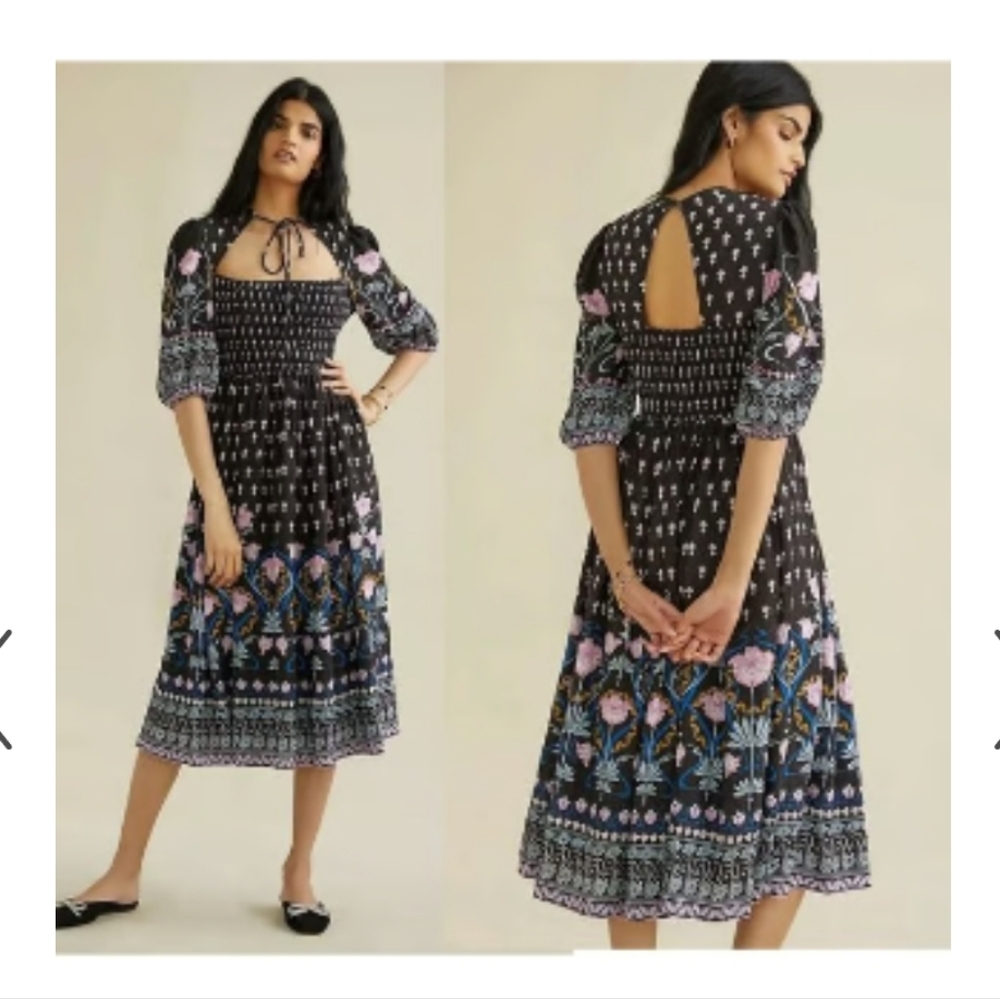 Anthropologie Dress NWT Sasha Smock Midi Pockets Black Floral Xs Petite